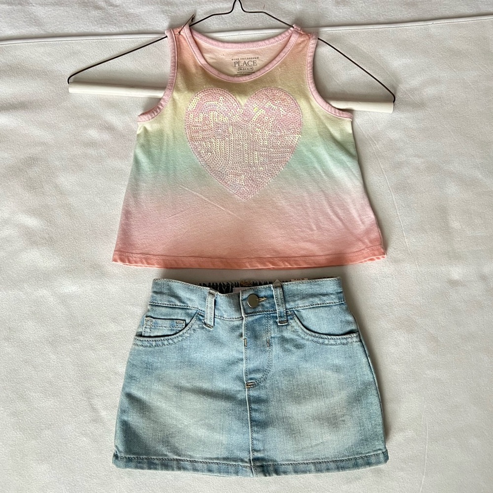 Tank top w sequin heart + denim skirt